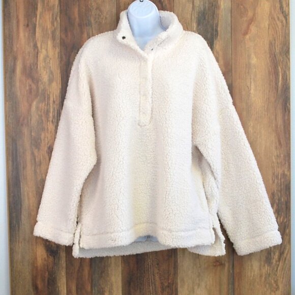 Aerie Oversized Sherpa NWT White Cream Soft  1/4 Button Pullover L - Picture 1 of 6